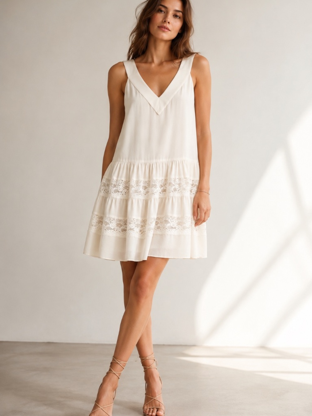Rebecca Taylor 100% Silk Ivory/White Lace Trim Ruffle Dress Sleeveless Size 00